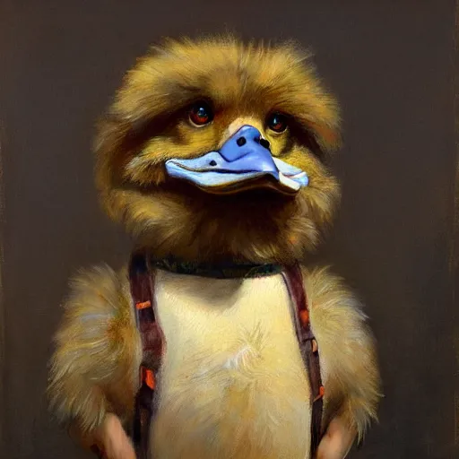 Image similar to a portrait of a furry duck wearing a tshirt and pants, hairy, furry body, furry chest, furry arms, furry legs, tail. highly detailed painting by gaston bussiere, craig mullins, j. c. leyendecker, furry