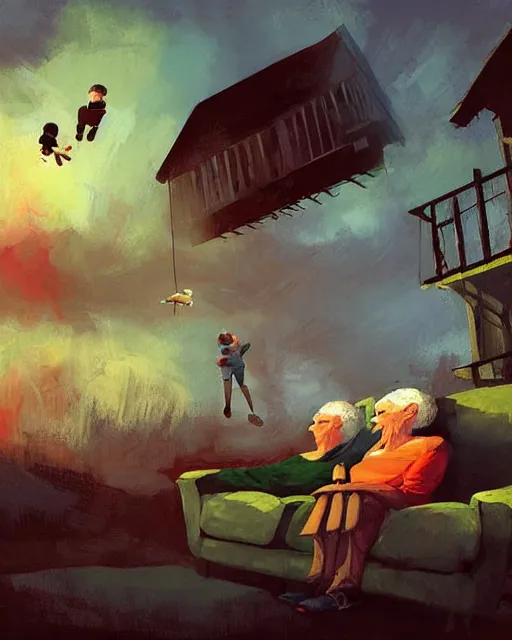 Image similar to old couple sitting on a couch in an old wooden house and looking at a scared boy flying in sky, psx game graphics , Adrian Ghenie painting