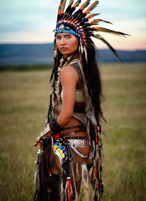 Prompt: hyper detailed photo of an American Indian warrior princess wearing a headdress, in a field with a bison at sunset, long black hair, maximalist, hd, 8k, muted colors,