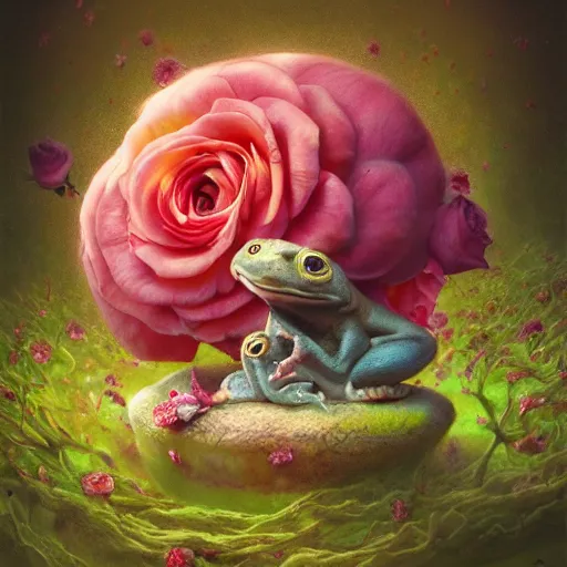 Image similar to soulful long shot of a crazy toad baby sitting in a rose blossom, by esao andrews, by m. w. kaluta, ultra humorous illustration, small depth of field, perspective perception, volumetric light, psychedelic colors, 3 d octane render, 8 k, conceptart, hyperdetailed, hyperrealistic, trending on artstation