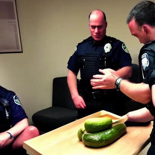 Prompt: police interrogating jar of pickles