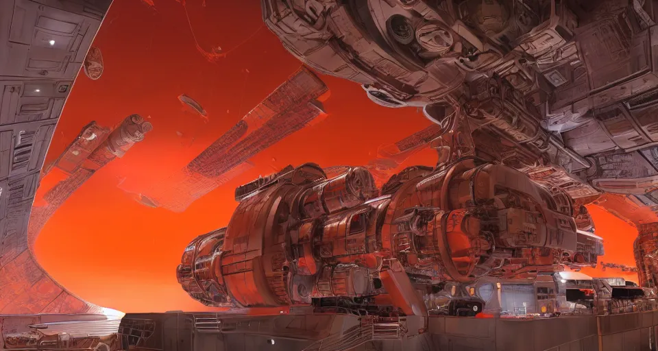Prompt: a warm orange red mars saturated colours, high contrast dark hyperreal deep space dock mining platform with massive piping inspired by nuclear reactor core maschinen krieger mri machine millennium falcon space-station Vuutun Palaa submarine, space-station Vuutun Palaa, ilm, beeple, star citizen halo, mass effect, starship troopers, elysium, iron smelting pits, high tech industrial, dramatic nebula sky, volumetric lighting