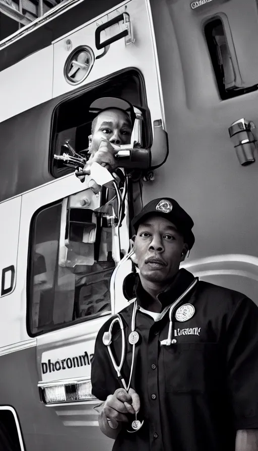 Image similar to dramatic award winning photo dr. dre wearing a stethoscope, lab coat, black baseball cap, in front of an ambulance outside of a hospital, low angle shot, cinematic lighting