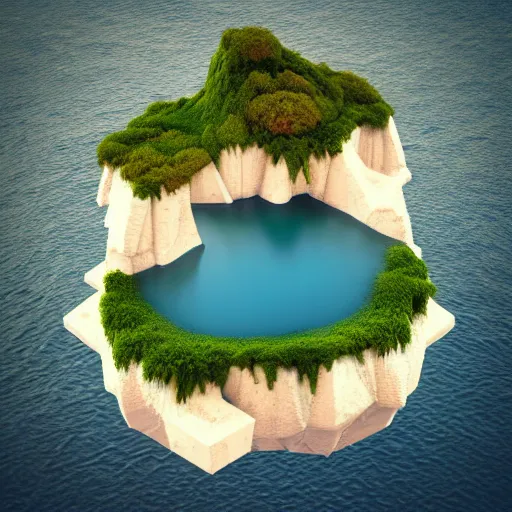 Image similar to a floating island on an aquatic environment isometric art, lago di sorapis landscape, low poly art, game art, artstation, 3D render, high detail, cgsociety, octane render