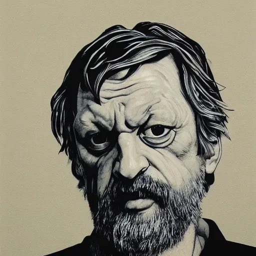 Image similar to slavoj zizek in jojo pose, oil on canvas by takato yamamoto and ruan jia and dave mckean