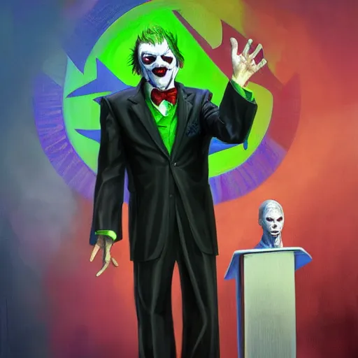 Prompt: uncanny valley portrait of pastor kenneth copeland cosplaying as the joker on his megachurch pulpit, by jon mcnaughton zdzisław artstation