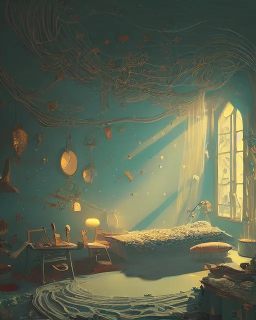 Image similar to beautiful painting of a elven bedroom, art by mike winkelmann, golden hour, illustration, highly detailed, simple, smooth and clean vector curves, no jagged lines, vector art, smooth, artstation