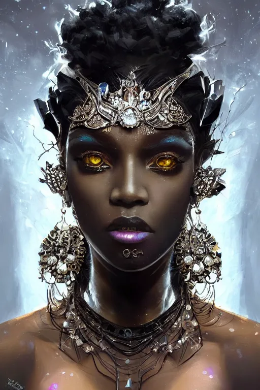 Prompt: beautiful black model face coveredd with diamonds wearing crystals, diamonds, angel, fantasy, dramatic lighting, highly detailed, digital painting, holding electricity, magic the gathering, hyper detailed, 3 d render, hyper realistic detailed portrait, peter mohrbacher, wlop, ruan jia