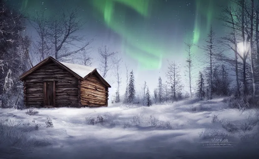 Image similar to A abandoned wooden hut in a winter forest environment concept, northern lights, horror game, artstation