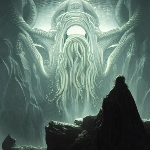 Image similar to human looking at big monstrosity portrait of Cthulhu, hyperdetailed, artstation, cgsociety, by greg rutkowski, by Gustave Dore