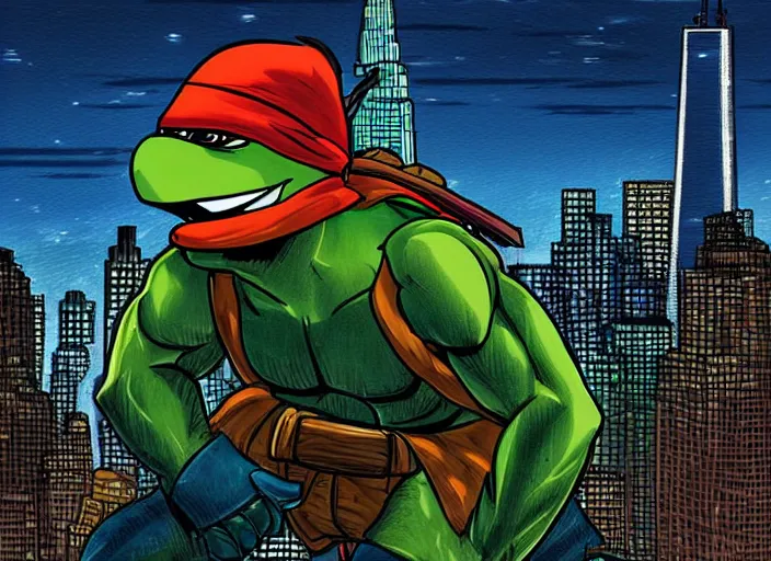 Prompt: highly detailed cell shaded image of the ninja turtle raphael vigilantly watching over a beautiful new york city skyline at night. vivid color. trending on artstation