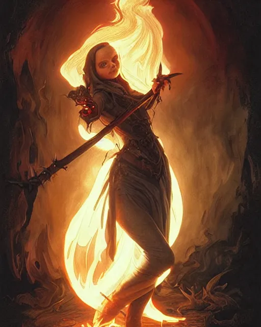 Image similar to Christina Ricci from Sleepy Hollow (1999) casting a fire spell, D&D, fantasy, intricate, elegant, highly detailed, digital painting, artstation, concept art, matte, sharp focus, illustration, hearthstone, art by Artgerm and Greg Rutkowski and Alphonse Mucha