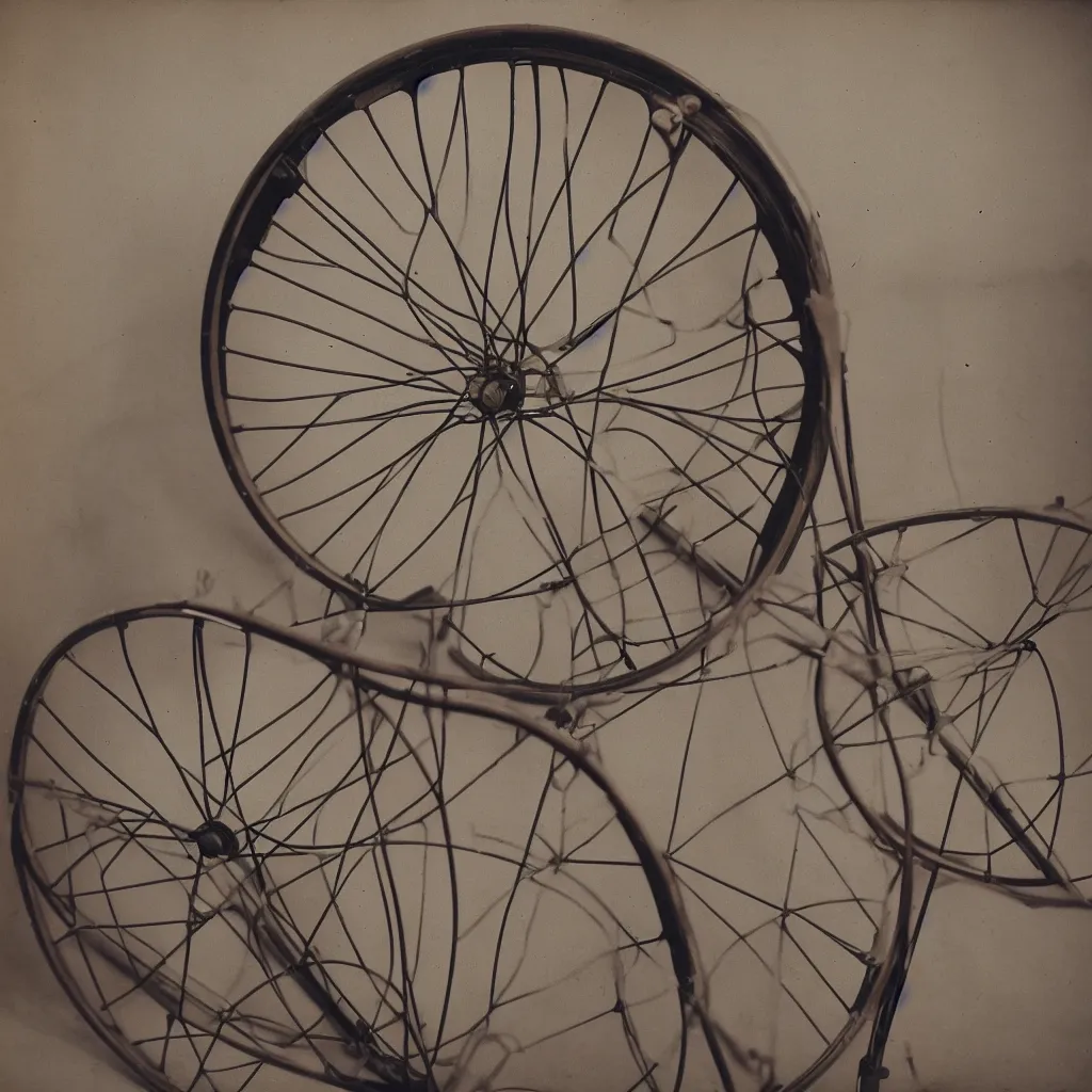 Prompt: kodachrome photograph of a bicycle wheel attached to a stool