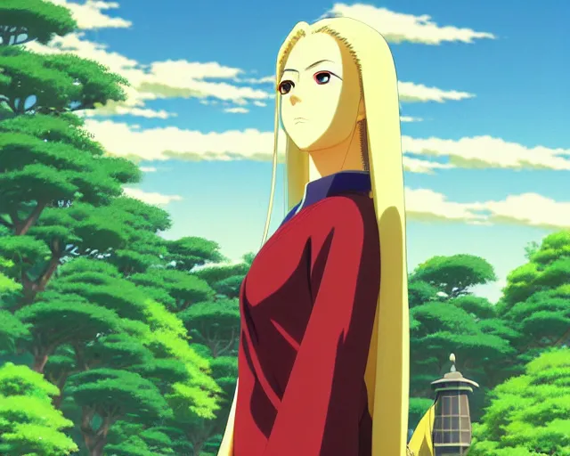 Image similar to lady tsunade senju, park in background, bokeh. anime masterpiece by Studio Ghibli. illustration, sharp high-quality anime illustration in style of Ghibli, Ilya Kuvshinov, Artgerm