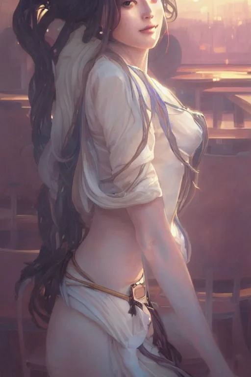 Image similar to an attractive serene cute android in a cafe, partially human , partially biomedical design , natural atmosphere, great high details, highly reaslitic, cinematic lighting, intricate, elegant, super highly detailed, art station, concept arD, beautiful, delicate, art by artgerm and greg rutkowski and alphonse mucha and loish and WLOP