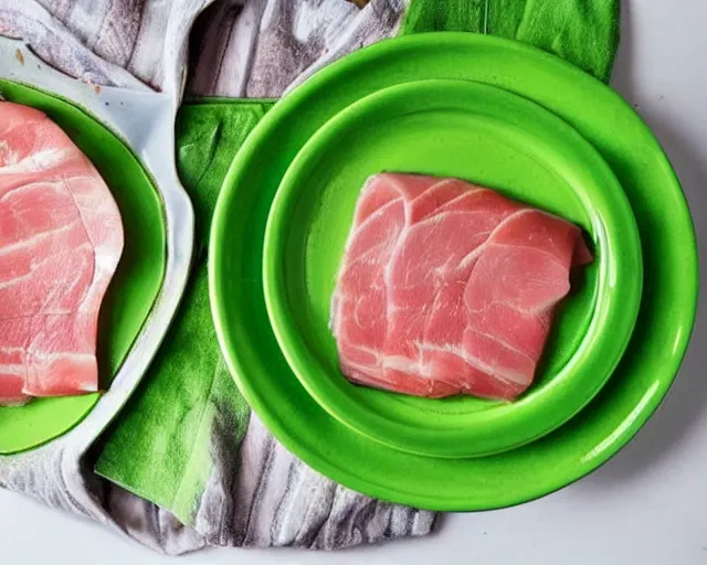 Prompt: Green eggs and ham. A healthy shade of green for eggs and meat. Fresh, cooked, scrumptious!