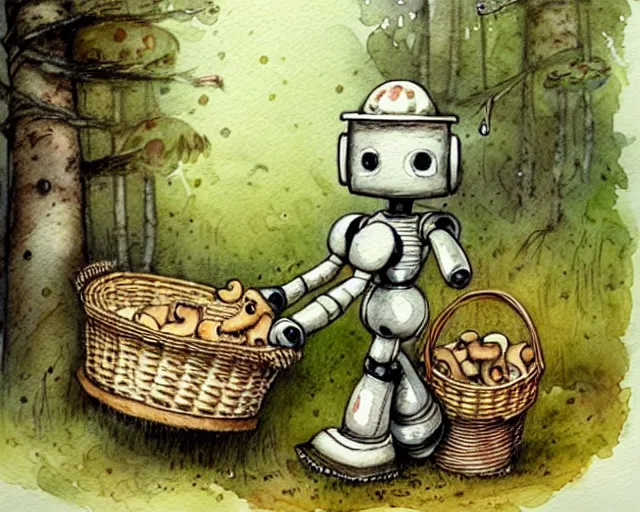 Image similar to a cute little robot walking in the forest picking mushrooms, holding a basket full of mushrooms, watercolor painting by jean - baptiste monge