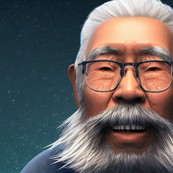 Image similar to a portrait of a shiny glowing heavenly asian elderly man with white beard, night, 8 k, octane render, artstation, digital art.