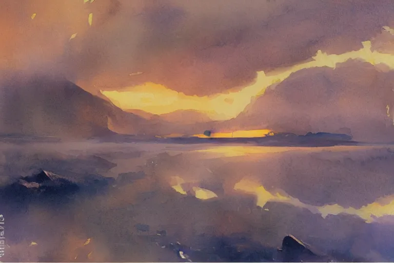 Prompt: small centered on watercolor paper, paint brush strokes, abstract watercolor painting of copper lake, cinematic light, american romanticism by hans dahl, by jesper ejsing, by anders zorn, by greg rutkowski, by greg manchess, by tyler edlin