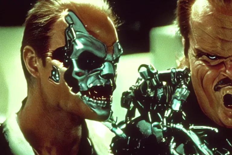 Image similar to Jack Nicholson plays Terminator Pikachu, scene where his endoskeleton gets exposed, still from the film