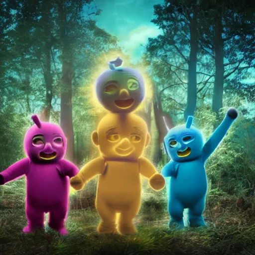 Prompt: A group of 4 Teletubbies that are part of a demonic cult, in the dense woods at night, laughing while in the act making a human sacrifice to Norse gods. Highly detailed, rendered in unreal engine 5, daguerreotype portrait.