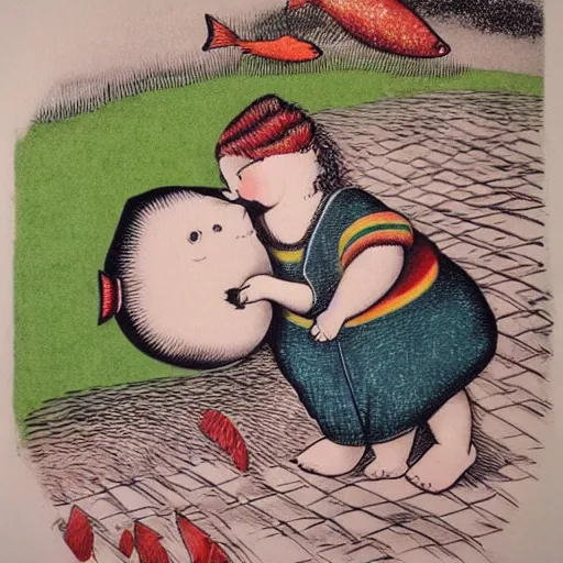 Image similar to the same style. the most beautiful little fat sweet girl is kissing a huge colorful cute fish. modern etching. colored print. hype realistic scene.