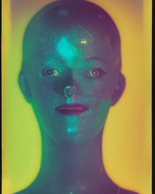 Prompt: cut and paste, featureless surprised robotic woman's face, sharp bob hair, dark makeup, violet and yellow and green and blue lighting, polaroid photo, 1 9 8 0 s, atmospheric, whimsical and psychedelic, grainy, expired film, super glitched, corrupted file, ghostly, bioluminescent glow, sci - fi, twisty