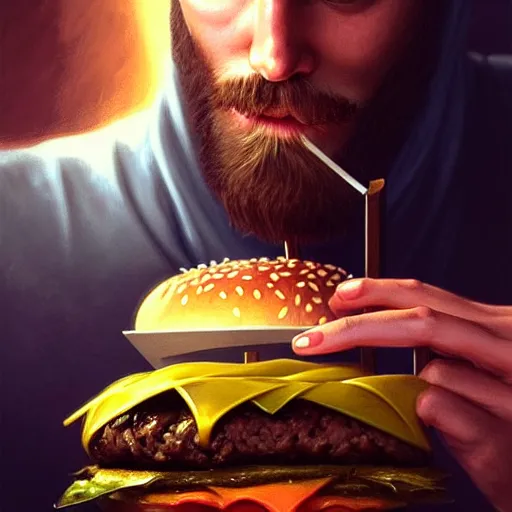 Prompt: Pewdiepie eating a burger, closeup, D&D style, fantasy, intricate, elegant, highly detailed, digital painting, artstation, concept art, matte, sharp focus, illustration, art by Artgerm and Greg Rutkowski and Alphonse Mucha