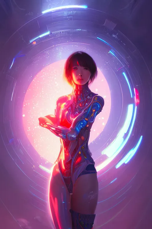 Image similar to portrait futuristic wizard Girl with thunder and fire sparkles and starlight, n future cyberpunk tokyo rooftop , ssci-fi, fantasy, intricate, very very beautiful, elegant, human anatomy, human structure, neon light, highly detailed, digital painting, artstation, concept art, smooth, sharp focus, illustration, art by tian zi and WLOP and alphonse mucha