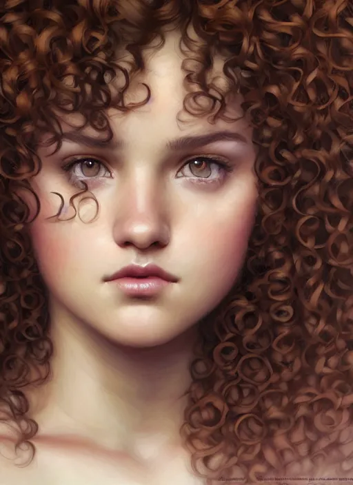 Prompt: beautiful face girl curly hair portrait, chubby cheeks, brown eyes, round georgian face!, by artgerm, cushart krenz, greg rutkowski, storyboard, mucha. art nouveau. gloomhaven, swirly vibrant ripples, gaudy colors, sharp edges. ultra clear detailed. 8 k. elegant, intricate, octane render