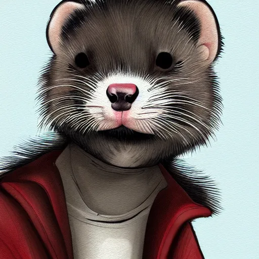 Image similar to ferret furry man, digital art high quality, jacket