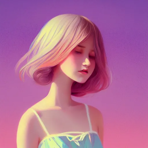 Image similar to young girl in summer dress art, pastel light pink long hair, muted colors, matte print, pastel colors, ornate, digital art, digital painting, fan art, elegant, artstation, head is centered, by Ilya Kuvshinov