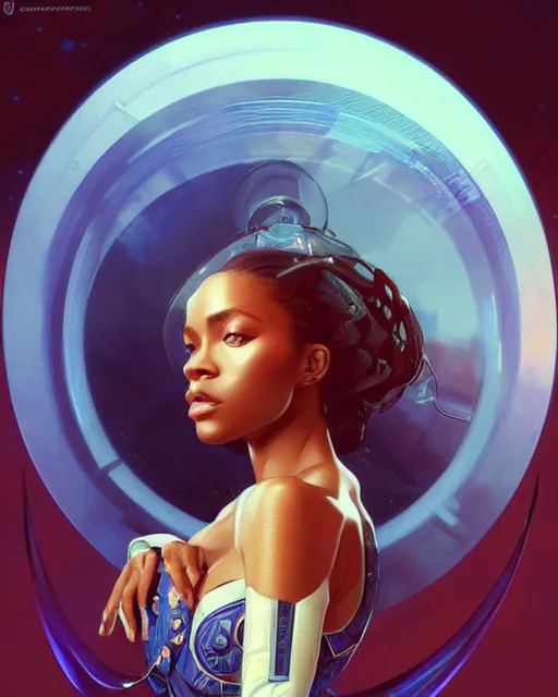 Image similar to Portrait of very very very very very very beautiful nigerian woman, spacesuit, blue eyes, real life skin, intricate, elegant, highly detailed, artstation, concept art, smooth, sharp focus, art by artgerm and greg rutkowski and alphonse mucha