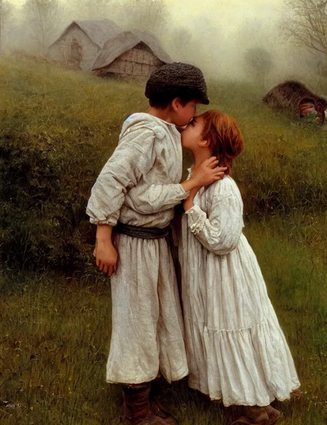 Image similar to peasant boy and girl first kiss, on a village, Cinematic focus, Polaroid photo, vintage, neutral colors, soft lights, foggy, by Steve Hanks, by Serov Valentin, by lisa yuskavage, by Andrei Tarkovsky 8k render, detailed, oil on canvas