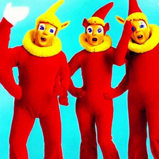 Image similar to wham! last christmas music video with teletubbies