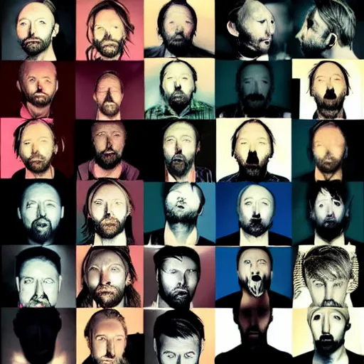 Image similar to versions collage of variations, hyper realistic, many variations of thom yorke, face variations, various emotions, various poses, high quality, brush stroke, intricate details, beautiful lighting