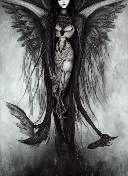 Prompt: a portrait of the Angel of Death, Anna Dittmann, H.R. Giger, full body shot, dark, gothic, highly detailed, masterpiece, sharp, digital art, surreal, featured on artstation, HD, 8K
