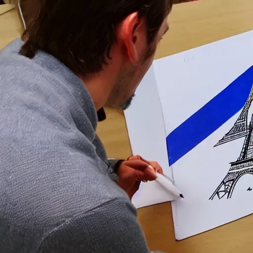 Image similar to a french guy drawing a picture of eiffle tower 8 k