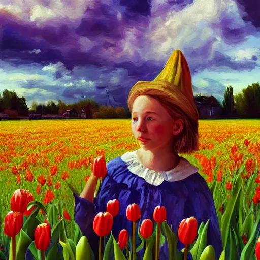 Image similar to dutch girl with singular giant tulip as a head, surreal photography, flower field, sunset dramatic light, impressionist painting, colorful clouds, blue sky, digital painting, artstation, simon stalenhag