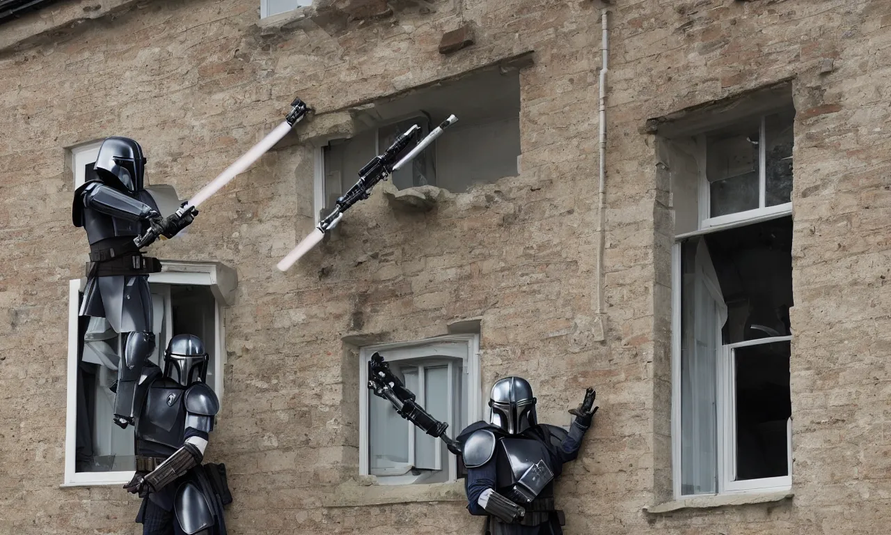 Image similar to one single mandalorian dismantling sash window in England with a lightsaber