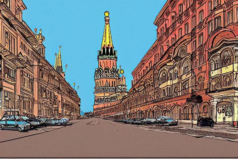 Prompt: moscow street view panoramic minimalistic comics background art by bakshi