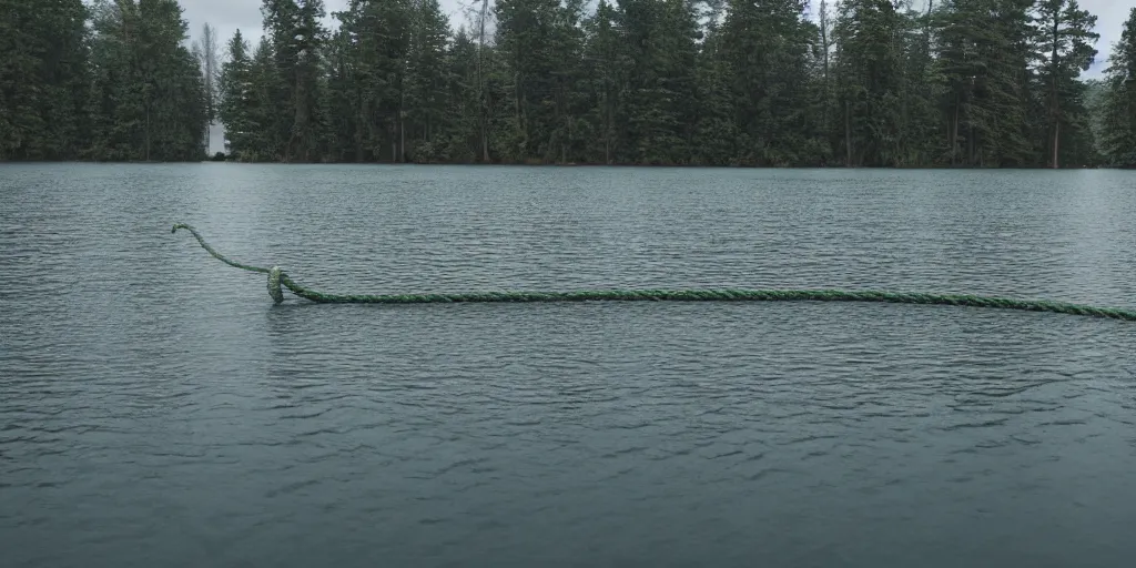 Image similar to symmetrical color photograph of an infinitely long rope submerged on the surface of the water, the rope is snaking from the foreground towards the center of the lake, a dark lake on a cloudy day, trees in the background, moody scene, anamorphic lens