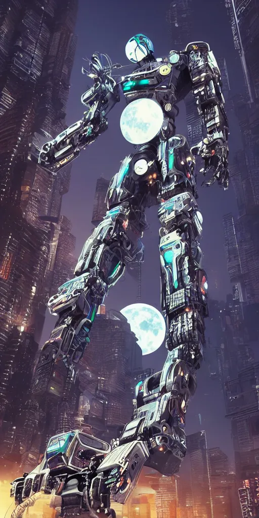 Prompt: a giant cyberpunk robot touching the moon. incredible detailed. sharp focus. digital art. full body