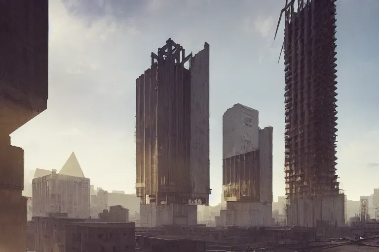 Image similar to streetscape, a towering cathedral of brutalist architecture, buildings covered with greebles, stunning volumetric light, sunset, metal, concrete and translucent material, stunning skies, majestic landscape, trending on Artstation, 8k, photorealistic, hyper detailed, unreal engine 5, IMAX quality, cinematic, epic lighting, in the style of Greg Rutkowski