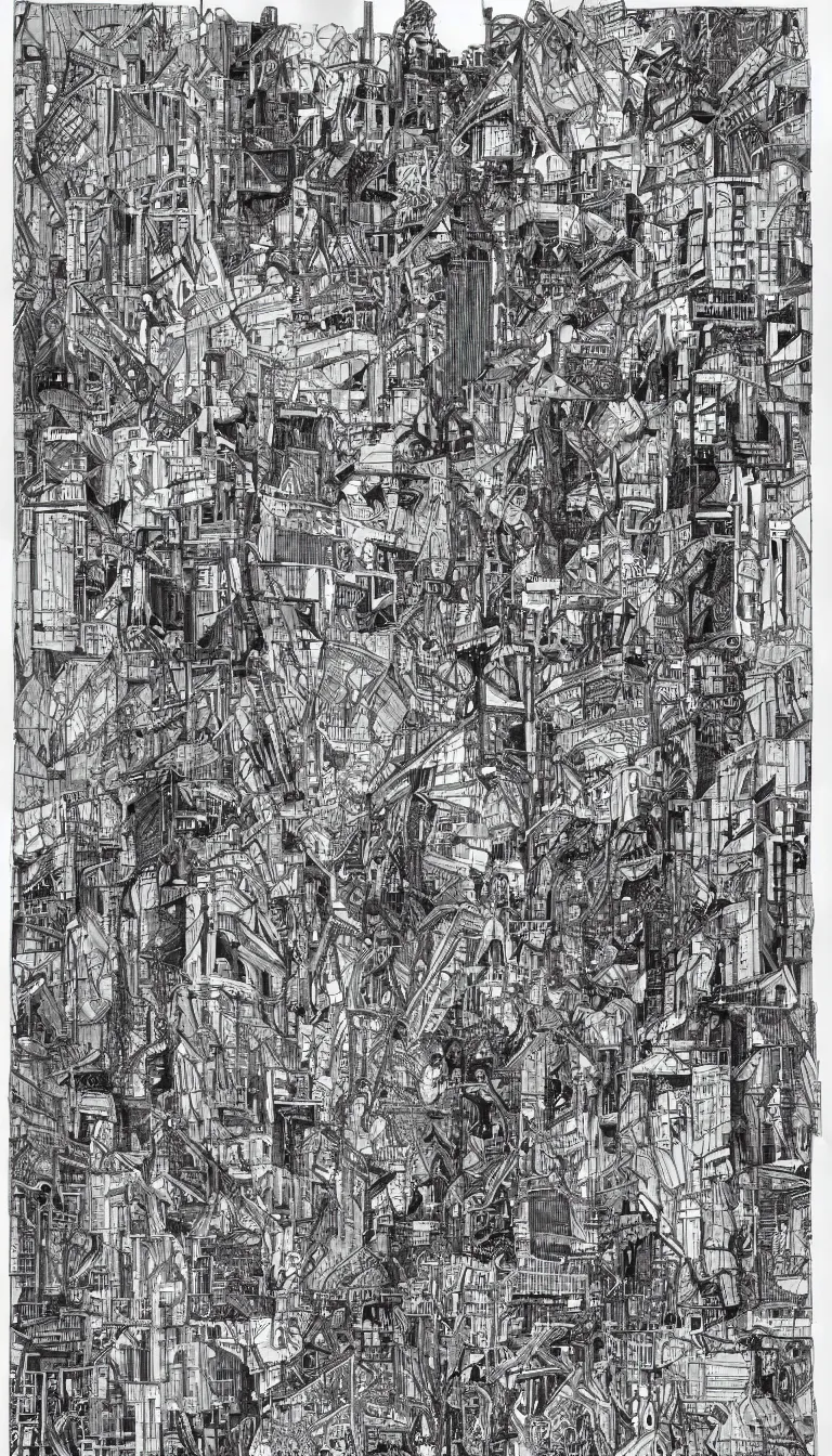 Image similar to a black and white drawing of a building, a detailed mixed media collage by hiroki tsukuda and eduardo paolozzi, intricate linework, sketchbook drawing, street art, polycount, deconstructivism, matte drawing, academic art, constructivism