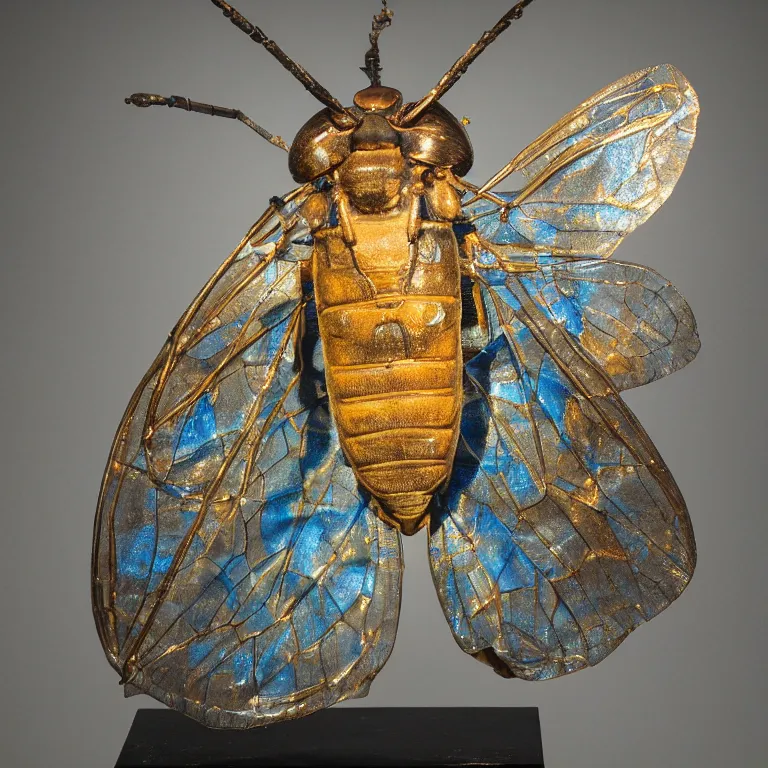 Prompt: hyperrealistic sculpture of a bronze fossilized wentletrap cicada dusted with blue spraypaint in a grid cage on a pedestal by ron mueck and duane hanson and lee bontecou, hyperrealistic dramatic colored lighting trending on artstation 8 k