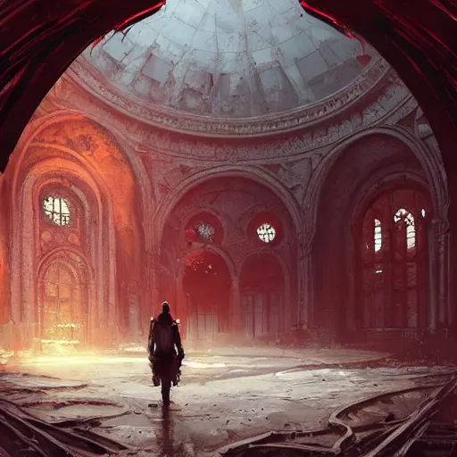 Prompt: concept art by greg rutkowski, a large inner garden under a great dome, desolate, covered in reddish slime on all sides, uncanny atmosphere, low light, scary atmosphere, scifi, highly detailed portrait, digital painting, artstation, concept art, smooth, sharp foccus ilustration, artstation hq