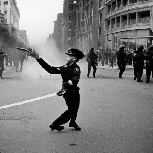 Image similar to a young man throwing a rabbit at a riot cop, leica m 9, voigtlander 3 5 mm, 1 9 6 0 s