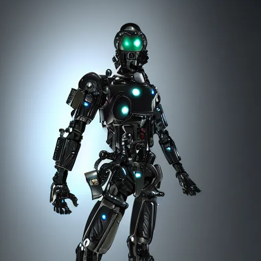 Image similar to a cybernetic android martial-artist/mercenary in a combat pose Photorealistic HD 8k highlights and shadow detailed High Resolution