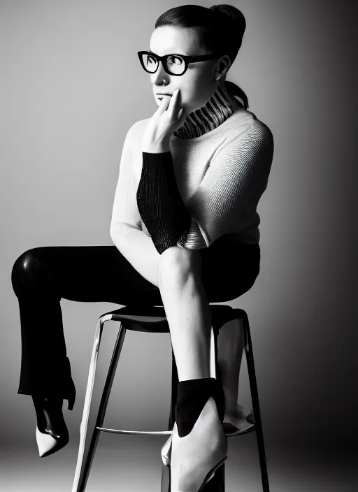 Prompt: black and white, studio photograph of a andrea belluci wearing glasses sitting on a stool wearing a turtleneck, anxiety and depression, intricate, elegant, highly detailed, hyper realistic, dark background, flickr, smooth, sharp focus, shot by national geographic